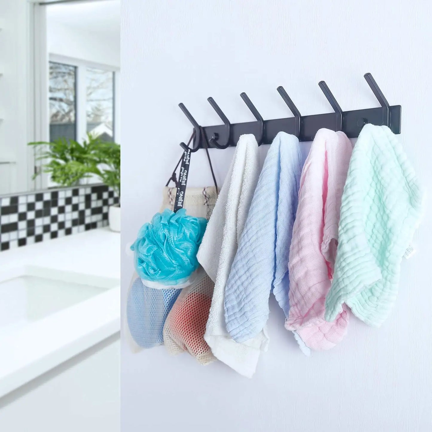 Wall Mounted Coat Rack with 6 Double Hooks Heavy Duty Metal Rail for Purse Clothes Jacket Entryway Black