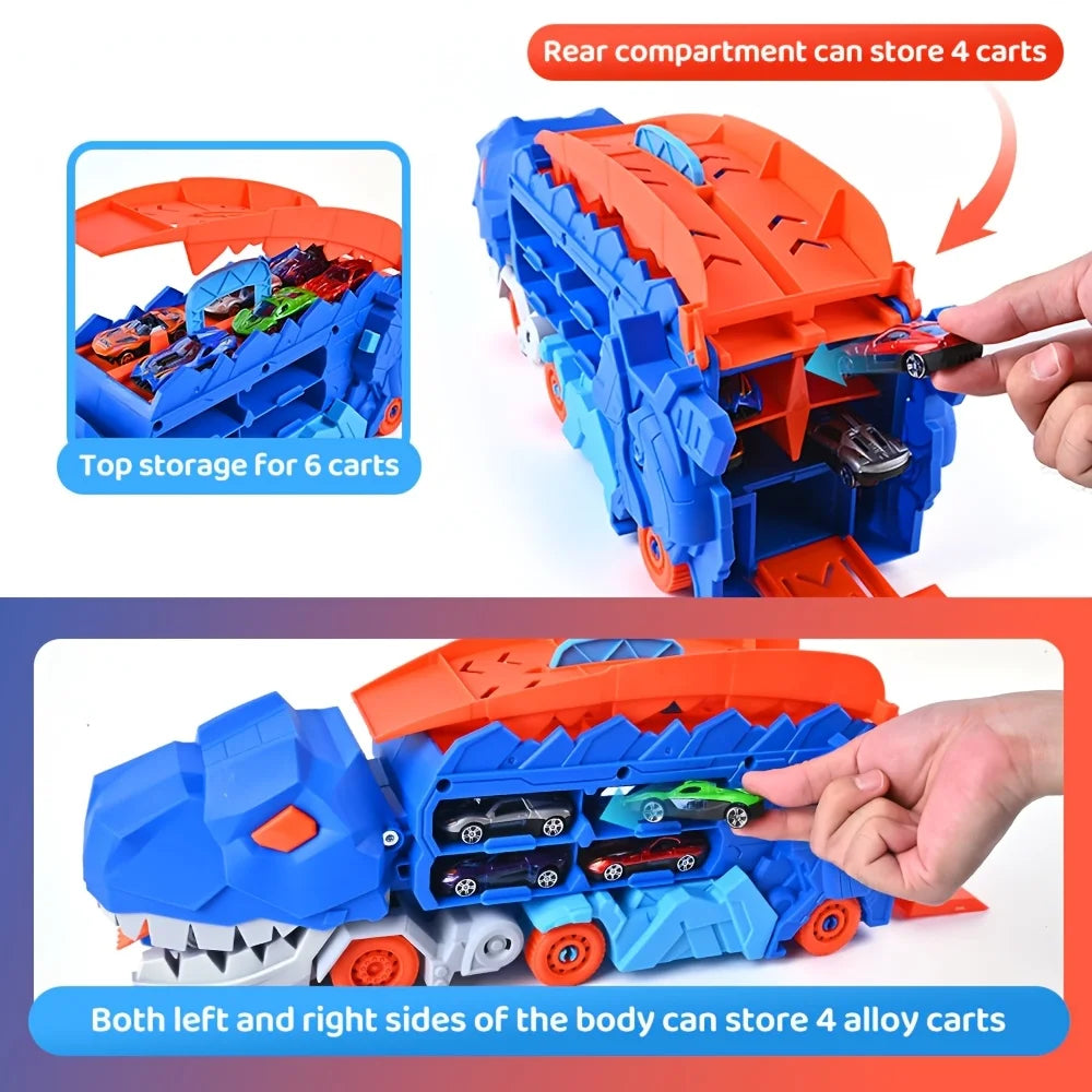 Toddler Truck Toy with Folding Dinosaur Track & 8 Race Cars, Portable Vehicle Play Set, Ideal Gift for Kids Age 3+