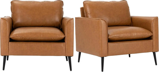 Leather Chair Set of 2, Oversized Armchair for Living Room, Mid-Century Accent Reading Chair for Bedroom Comfy, Single Sofa