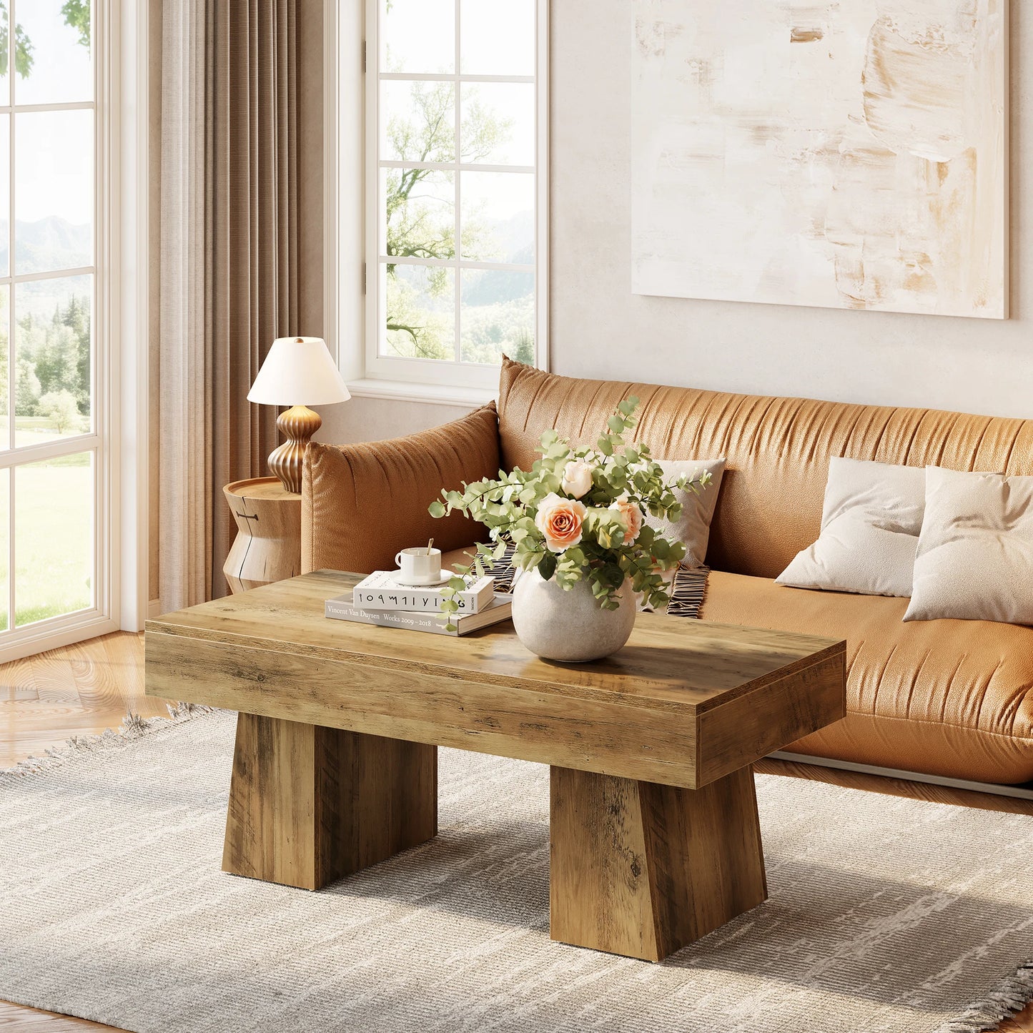 Tribesigns Vintage Coffee Table, 120cm Wooden Accent Center Tables with Thick Base, Modern Low Cocktail Tea Furniture for