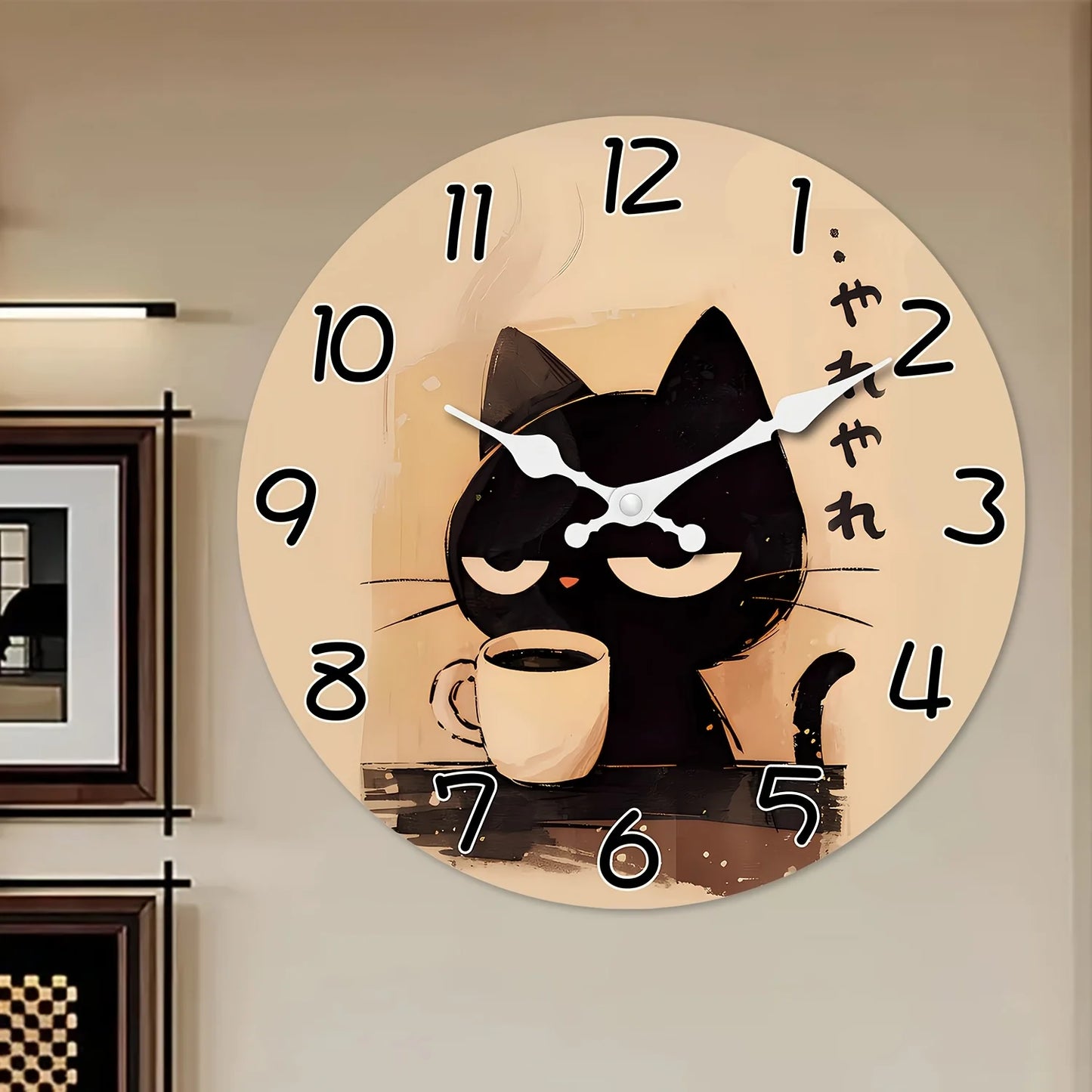 A 10-16 inch Japanese style cute black cat large wooden wall clock - battery powered, circular silent lazy clock, suitable for d