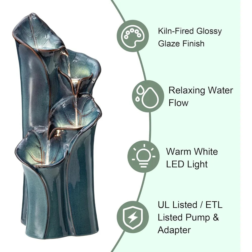 31.25 "H Outdoor Fountain with LED Lights and Water Pump, 4-storey Ceramic Floor Fountain, Waterfall Courtyard Vase Fountain