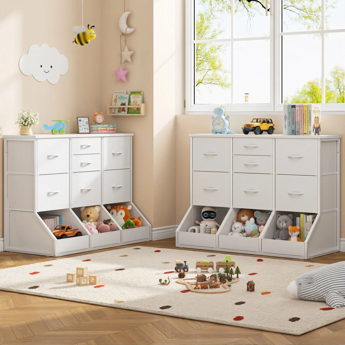 EnHomee 10-Storage Fabric Dresser – 7 Drawers & 3 Open Compartments, Wood Top & Metal Frame – 39.3"W x 17.7"D x 31.5"H – For Bedroom, Entryway, Hallway
