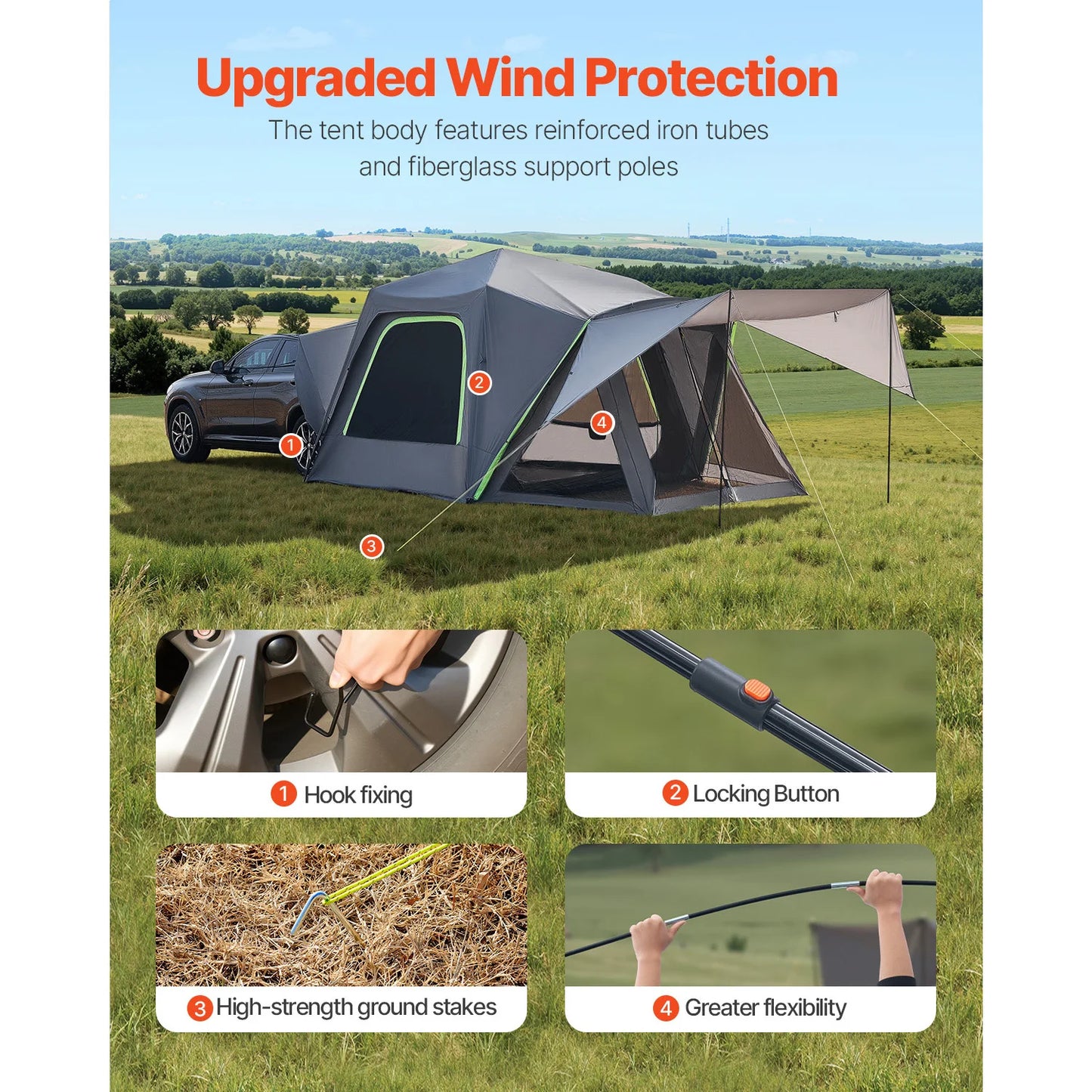 VEVOR SUV Tent for Camping Waterproof PU2000mm Spacious Double Layer Design SUV Camping Tent with Shade Awning and Mesh Windows