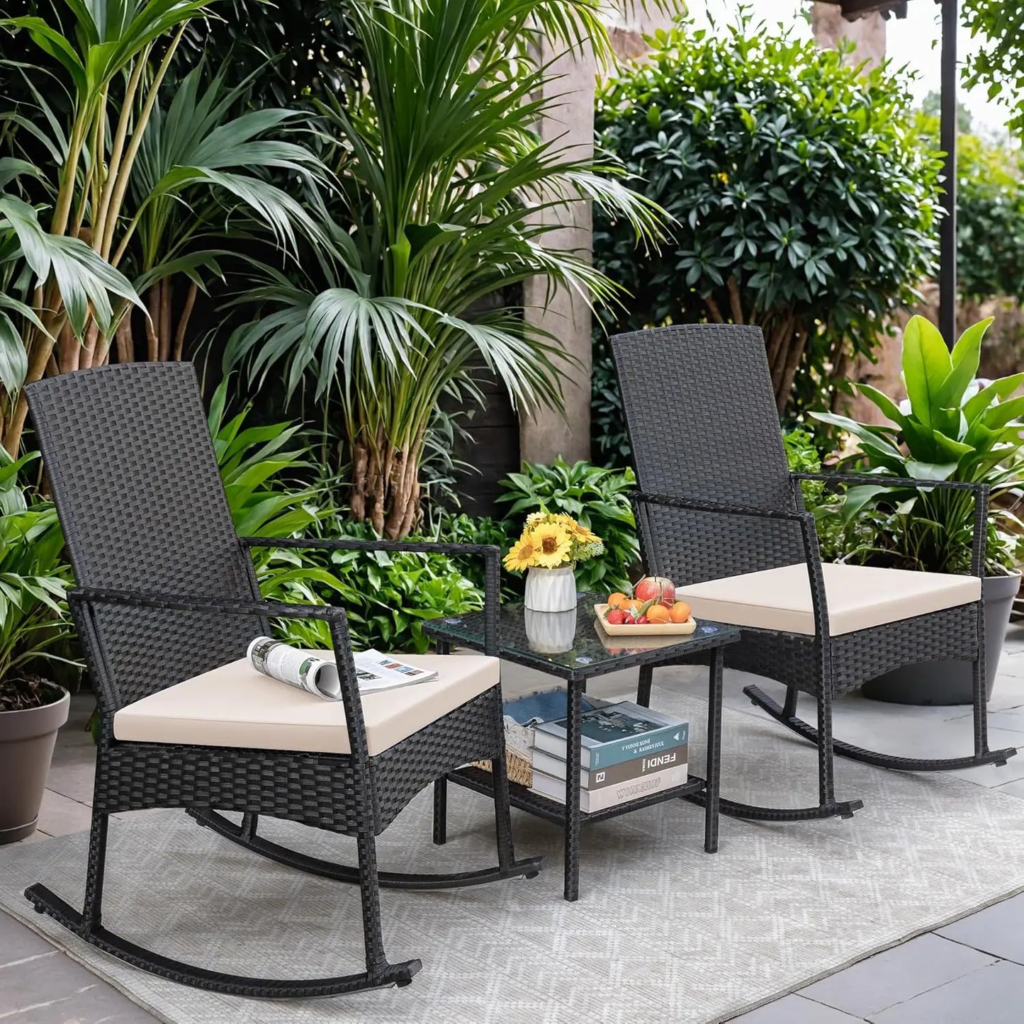 3pc Rattan Rocking Chair Patio Set w Glass Table for Garden Backyard Porch Poolside, Customized