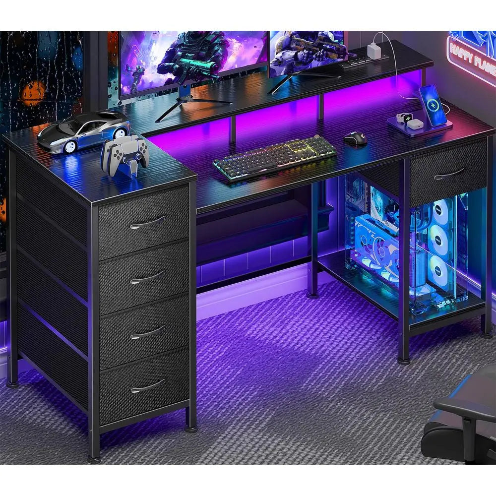 47 Inch L Shaped Gaming Desk With LED Lights Power Outlets And 5 Fabric Drawers