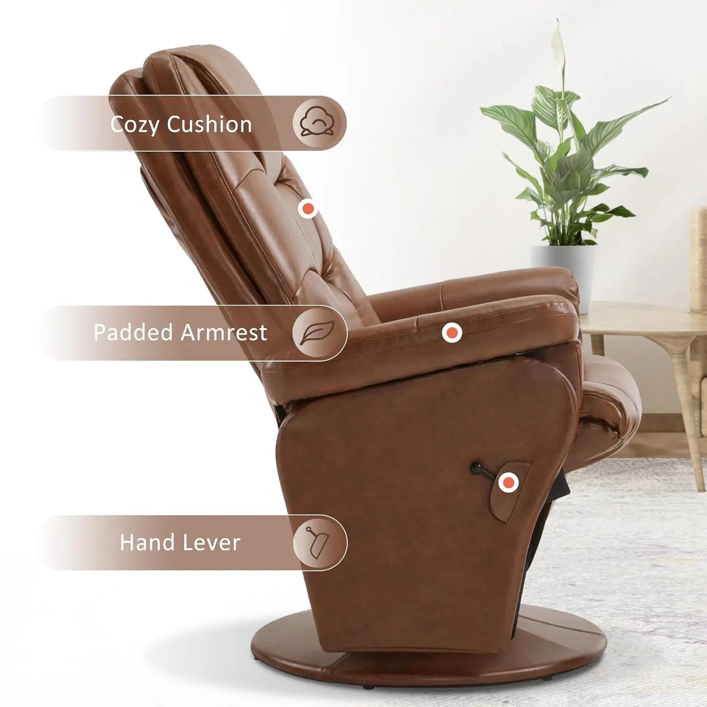Swivel Glider Recliner Chair with Ottoman, Adjustable Back Faux Leather Lounge, Living Room Bedroom, Brown, Customized