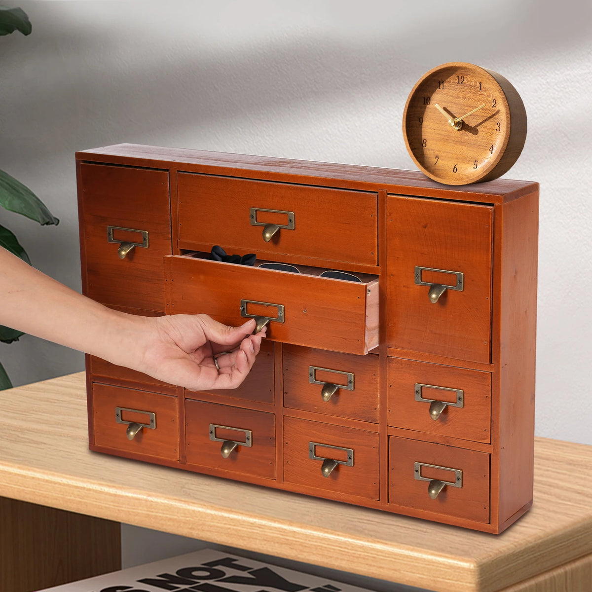Desktop Drawer Organizer 12 Drawers, Wooden Desk Storage Box with Label Slots, Multipurpose Countertop Small Parts Cabinet, Office Craft Jewelry Art Supplies Home Counter Cosmetics Dock, No Assembly Needed, Brown/Black/Pink/B