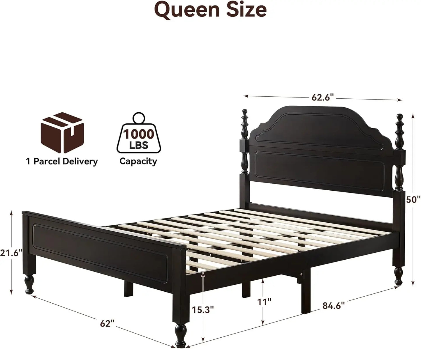 Solid Wood Bed Frame Queen Size, Wooden Retro Style Queen Bed Frame with Headboard and Footboard, Heavy Duty Bed Frame