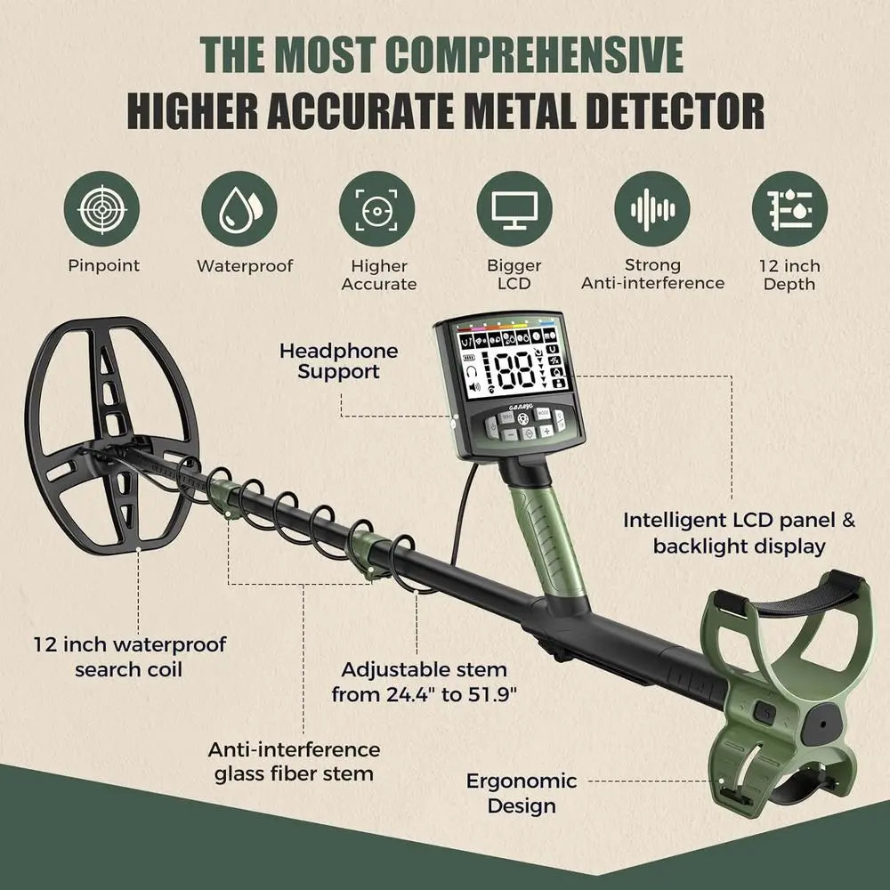 Professional Metal Detector for Adults,12" IP68 Waterproof Search Coil with LCD Backlight,5 Modes Gold Detector,Advanced DSP Chi