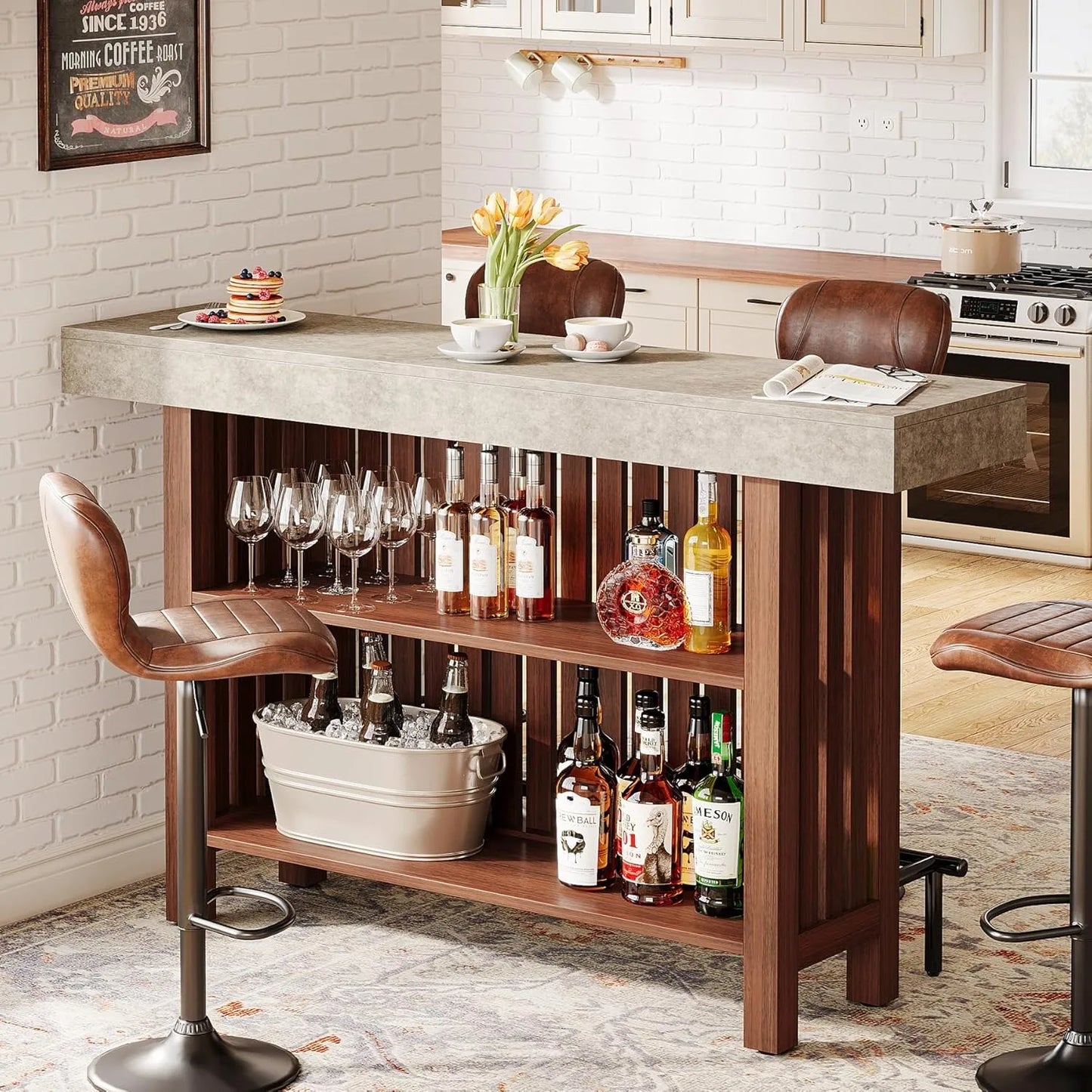 LITTLE TREE 63-Inch Large Home Bar Unit,2-Tier Kitchen Island Mini Bar Height Pub Table with Footrest, Modern Coffee Bar Cabinet