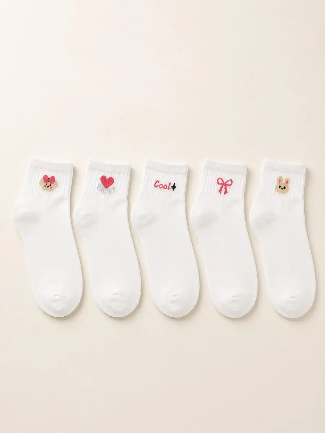 5 Pairs Women's Cute Bow & Floral Pattern Short Socks, Fashionable College Style, Comfortable & Breathable, Versatile For Daily, Sports, Casual Wear, Suitable For Spring, Summer, Autumn