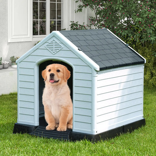 28" Plastic Dog House, Waterproof with Elevated Floor & Air Vents, Easy Clean & Assemble, Gray