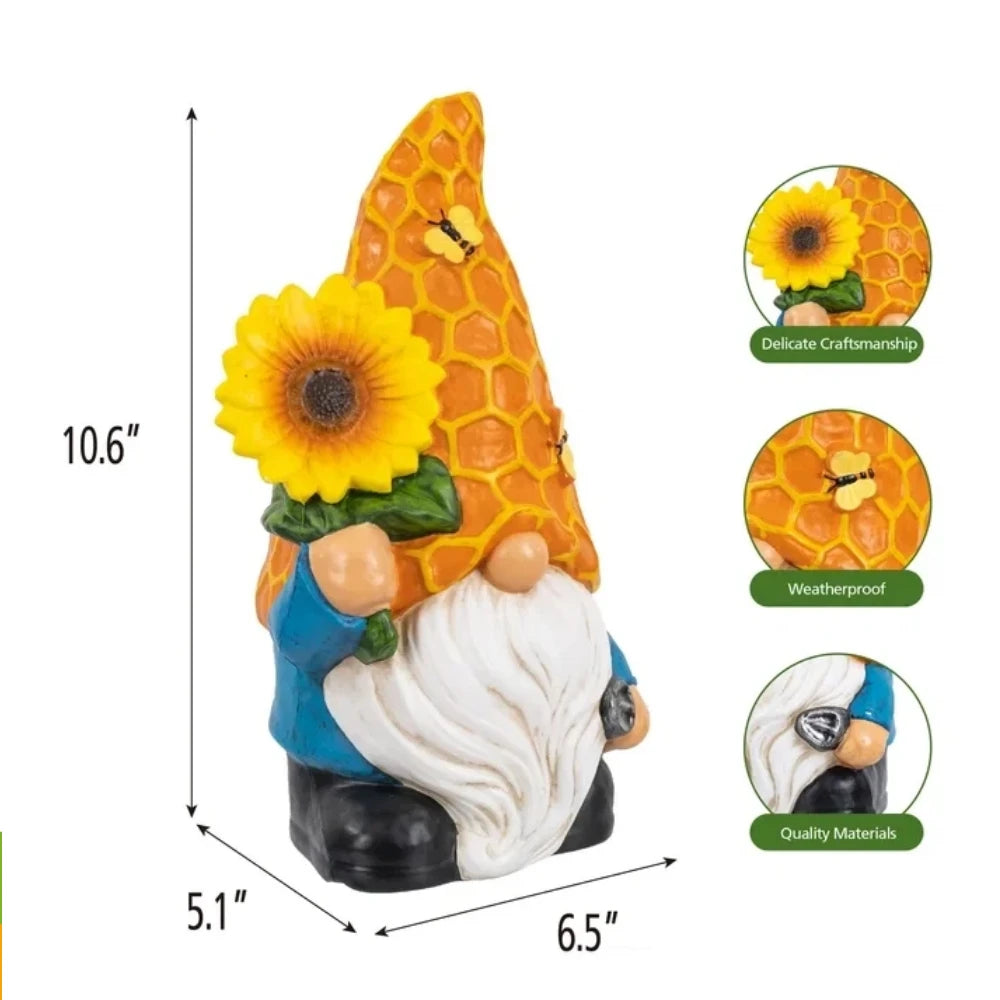 Resin Outdoor Garden Gnome Statue Adorned With Vivid Sunflower Decoration Waterproof Weatherproof Hand Painted Cute Dwarf Figurine Ornament Ideal For Yard Lawn Patio Flower Bed Indoor Desktop Home Spring Holiday Landscape Dec