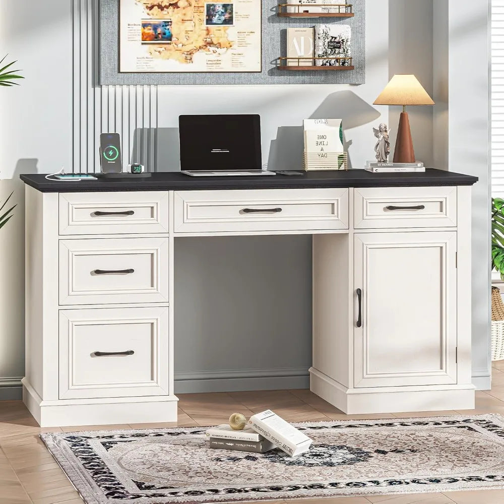 Farmhouse 59'' Executive Desk with Charging Station,Office Desks Computer Desk with 5 Drawers, Wood Workstation for Home Office