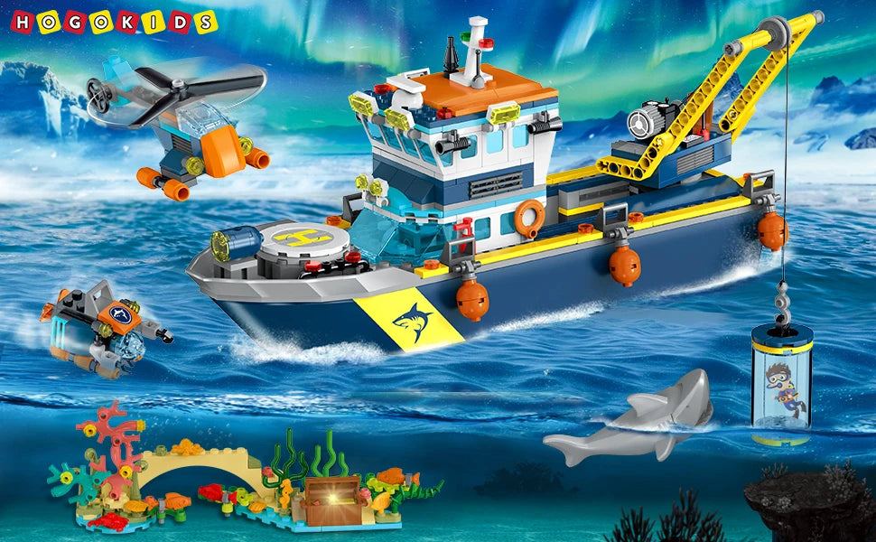 HOGOKIDS Floatable Boat Building Set with LED-Fun Arctic Explorer Ship with Helicopter Sub Shark Cage Birthday Gift for 6+kids