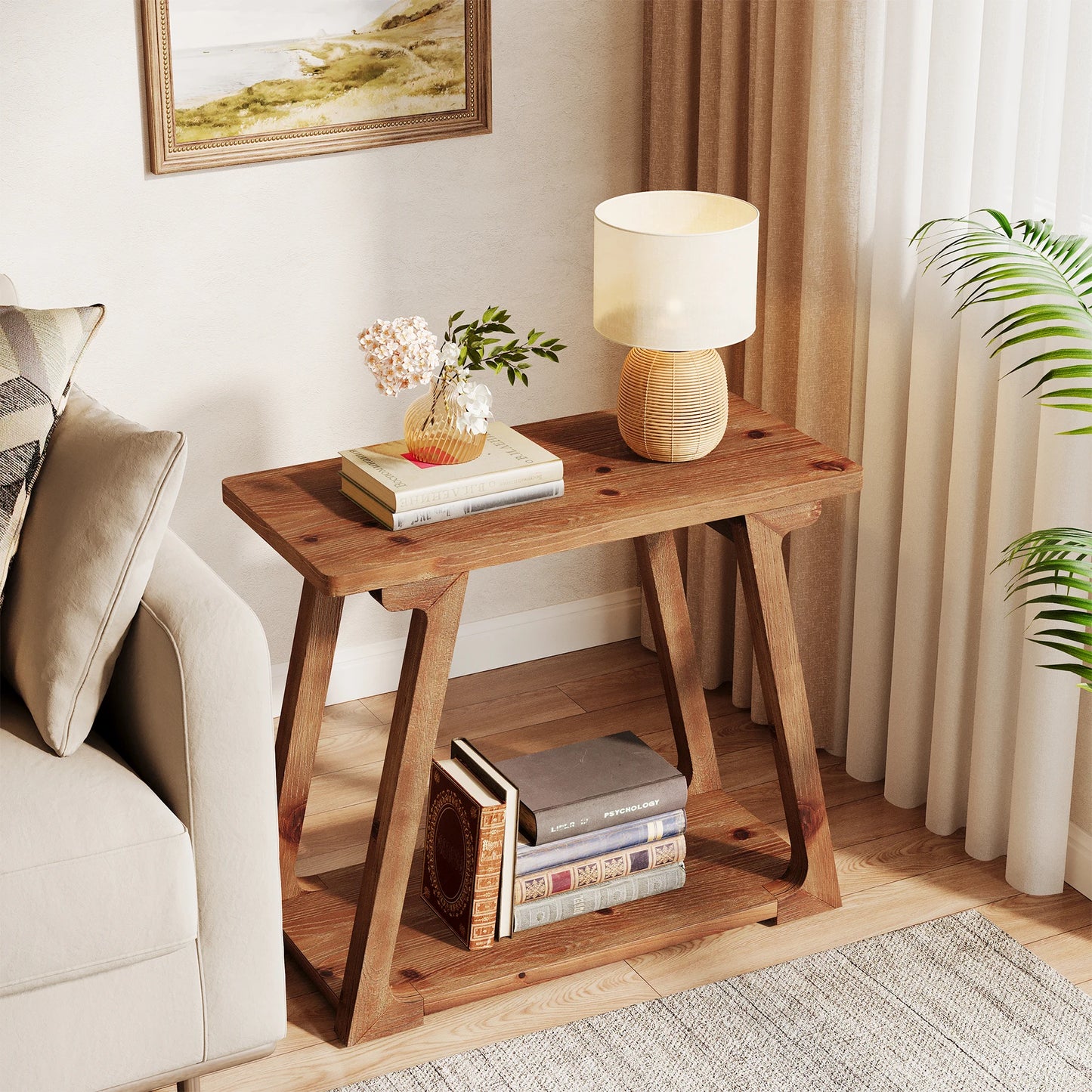 2-Tier Solid Wood End Table, Narrow Side Table, Rectangle Farmhouse Nightstand for Living Room, Bedroom, Easy Assembly