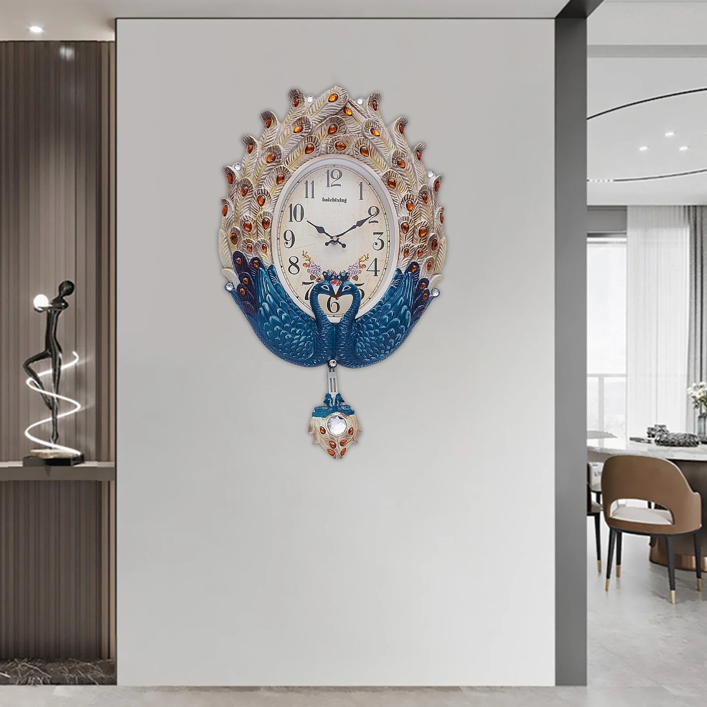 Blue Peacock Wall Clock,Silent Wall-mounted Metal Pendulum Clock 37*60cm with Luxury Crystal for Living Room,Hallways