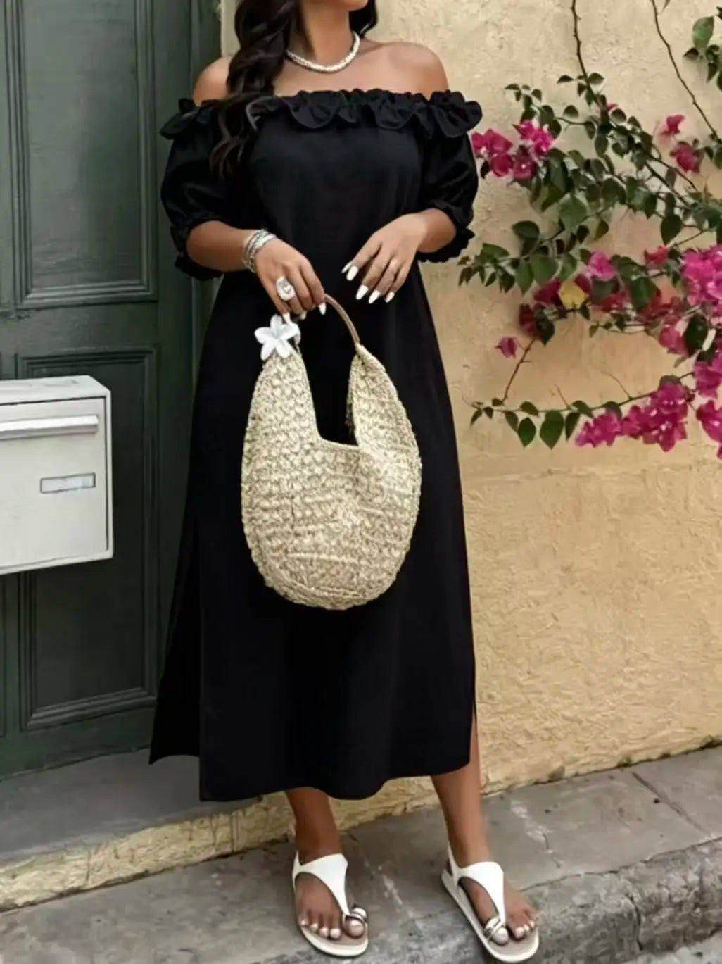 Plus Size Women's Slouchy Slimming Beach Vacation Dress, Off-Shoulder Puff Sleeve Loose Hem Slit Dress