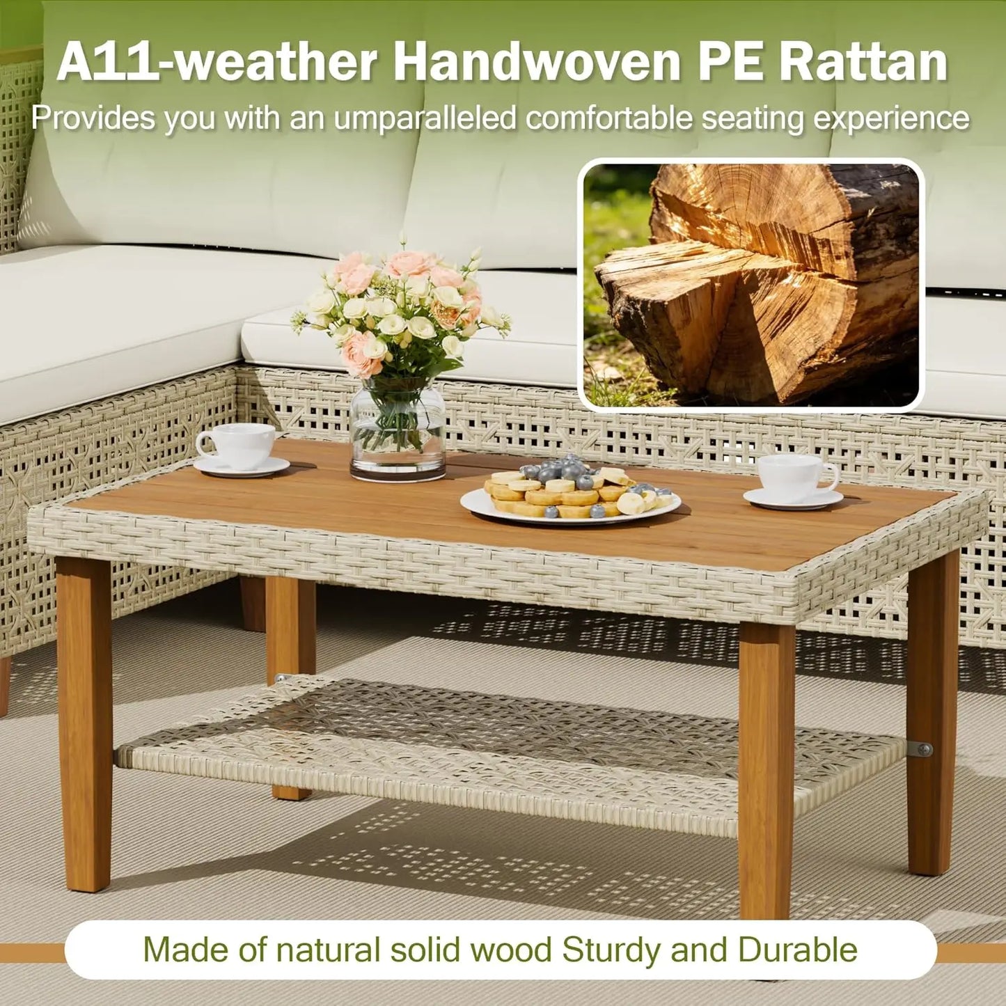 3 Piece Outdoor Sectional Sofa Set Hollow Rattan Patio Seating with Coffee Table & Ottoman for Deck Porch Poolside, Customized