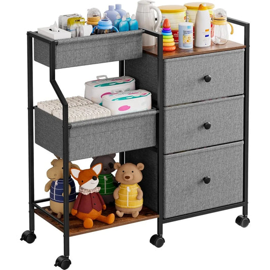 Baby Diaper Caddy Organizer and Storage - 3 Tier Rolling Cart with Dividers and Drawers, Easy To Assemble, Mobile Utility Cart w