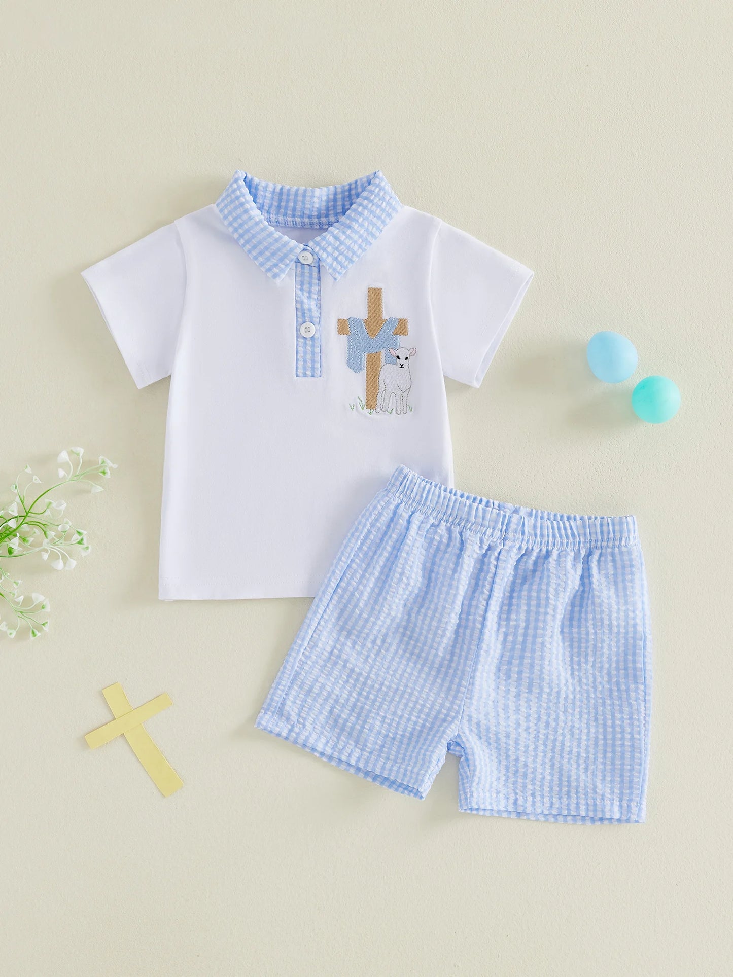 Baby Boy Easter Outfit Bunny Rabbit Embroidered Short Sleeve  Shirt and Denim Shorts 2 Piece Summer Set for Toddler
