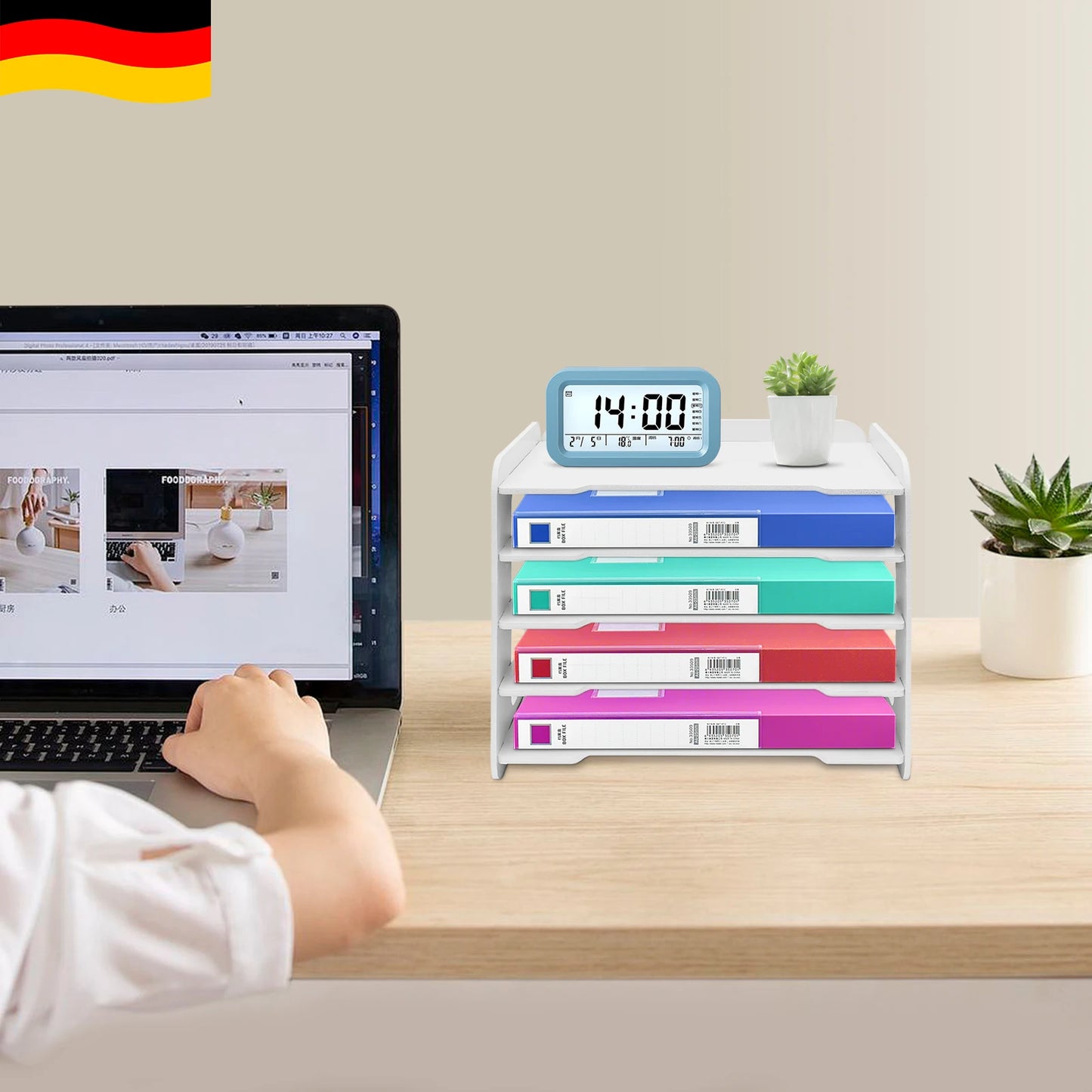 Wood File Organizer, 5 Trays Paper Sorter for Office Supplies Desk Organizer, Length 34cm/13.39in, White