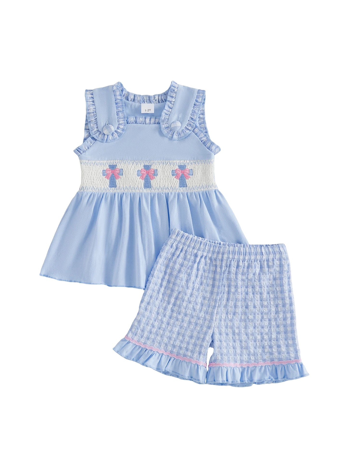 Sweet and Stylish Girls Easter Outfits Featuring Cute Bunny Embroidery Sleeveless Design and Plaid Shorts - Perfect for
