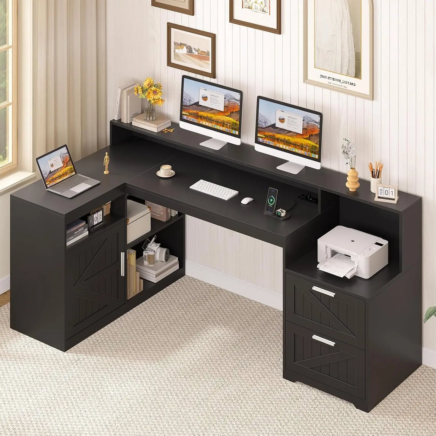 62.2" Farmhouse L Shaped Home Office Desk, Drawers, Storage Shelves & Power Outlet, Custom
