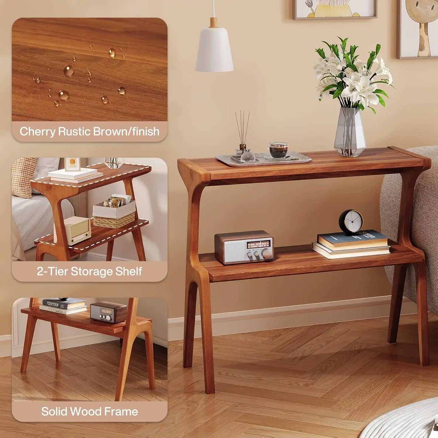 Solid Wood End Table,2-Tier Side Table with Storage Shelf, Wooden Modern Accent Slim Bedside Table for Sofa,Living Room, Bedroom