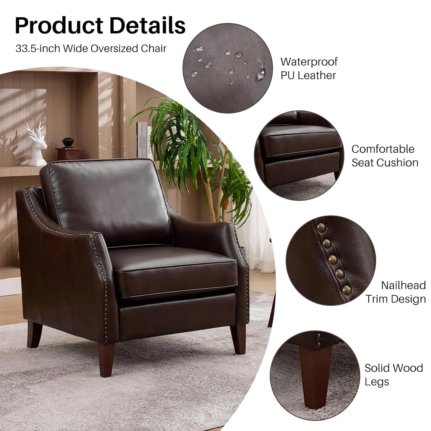 33.5" Faux Leather Armchair Set of 2 Nailhead Trim Solid Wood Legs Comfy Cushions Livingroom Bedroom, Customized