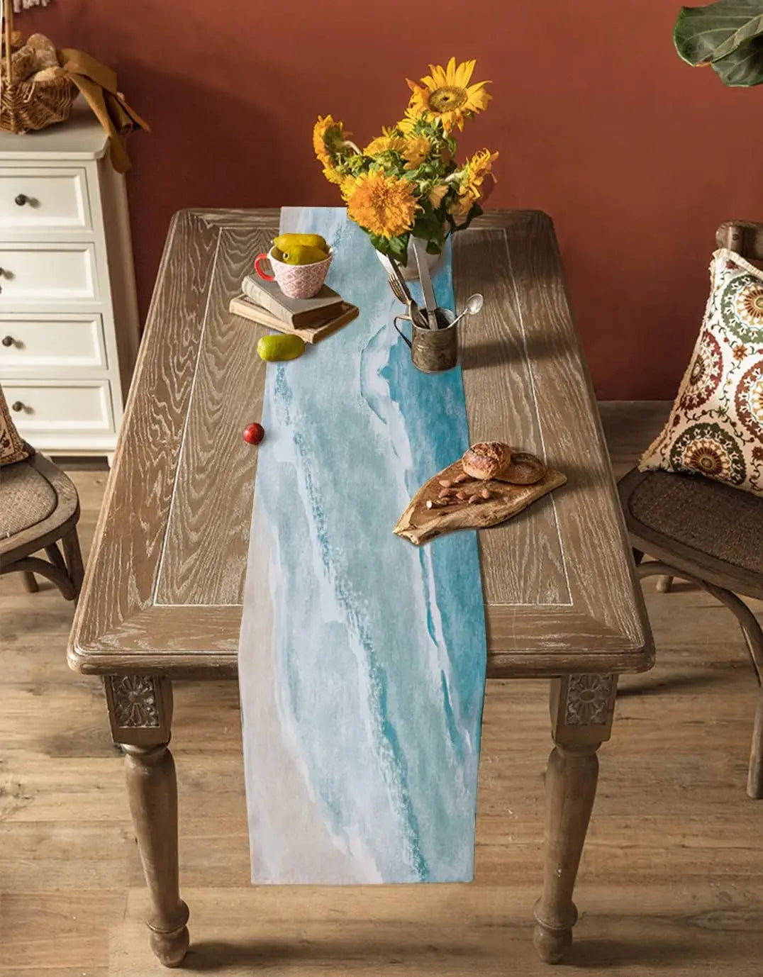 Coastal Beach Blue Linen Table Runner Dresser Scarf Table Decor Summer Kitchen Dining Table Runner Ocean Sea Waves Party Decor