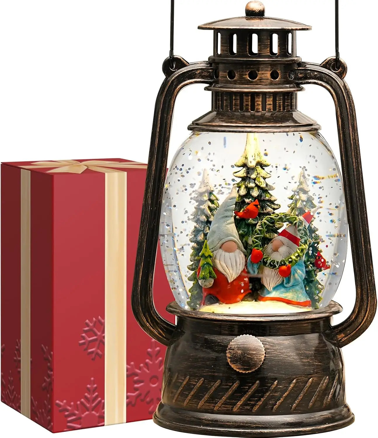 Gnomes Snow Globe Christmas Decorations, Light Up Musical Christmas Snow Globes Lantern with Glitter & 6H Timer