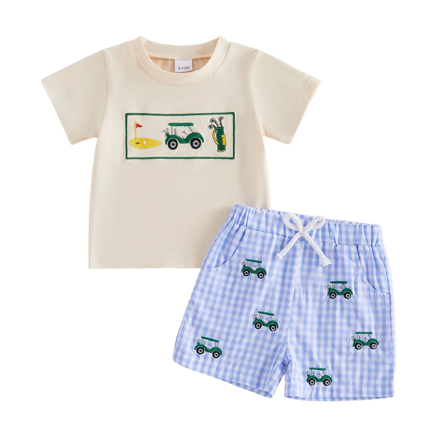 Boys Summer Outfits with Cute Animal Embroidery Short Sleeve T-Shirts and Elastic Waist Plaid Shorts 2Pcs Clothing Set for