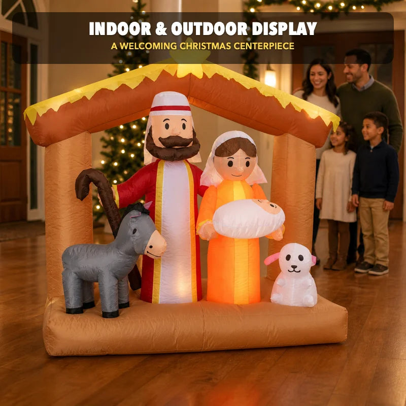 6FT LED Light Up Nativity Scene Inflatable Christmas Decoration with Holy Family Donkey and Sheep Blow Up Outdoor Toy Yard Decor for Garden Lawn Porch Church Xmas Holiday Party Home Ornament Gift