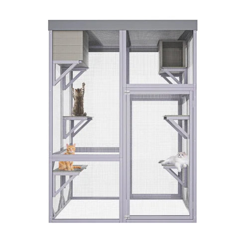 Wooden Cat Enclosure (Outdoor/Indoor): 4 Platforms, 2 Napping Houses, 2 Locks, Rounded Corners