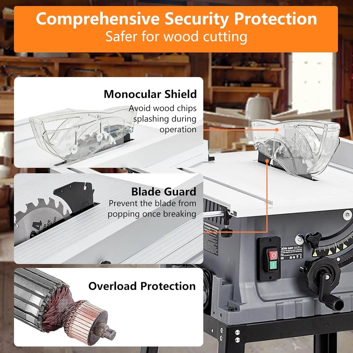 Table Saw,10inch 15A 5000RPM Portable Table Saw with Stand & Safety Switch, Push Stick, 90°Cross Cut & 0-45°Cutting
