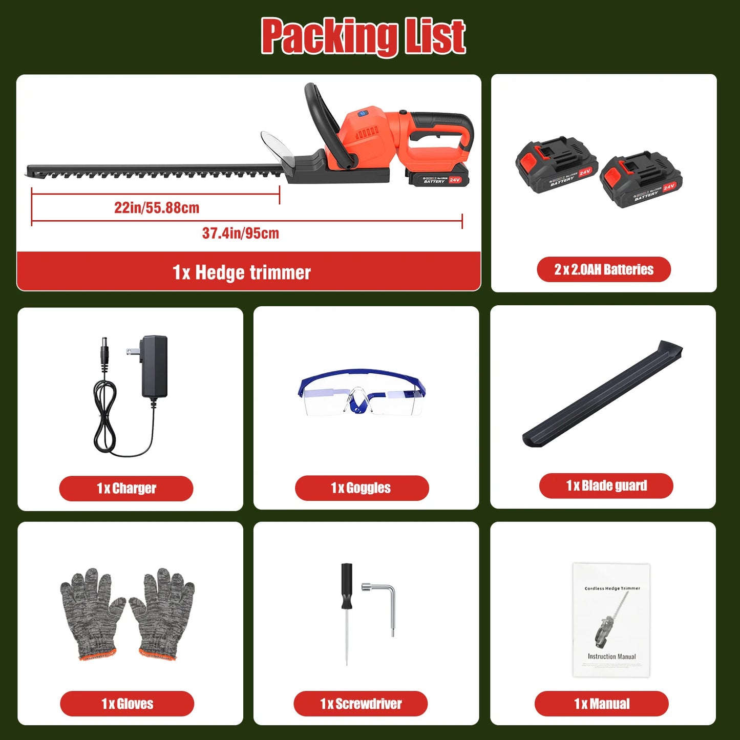 22-Inch Cordless Hedge Trimmer Lawn Mower –24000r/min Portable Hedge Cutter with 4000mAh Batteries for Lawn Garden Yard Tools