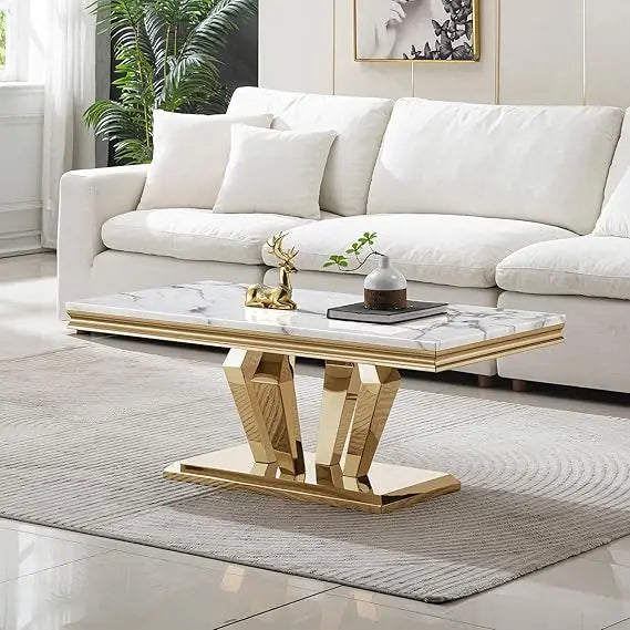 Luxury Marble Coffee Table with Stainless Steel Pedestal, 47" Modern Gold Coffee Table for Living Room, Rectangle Faux Marble To