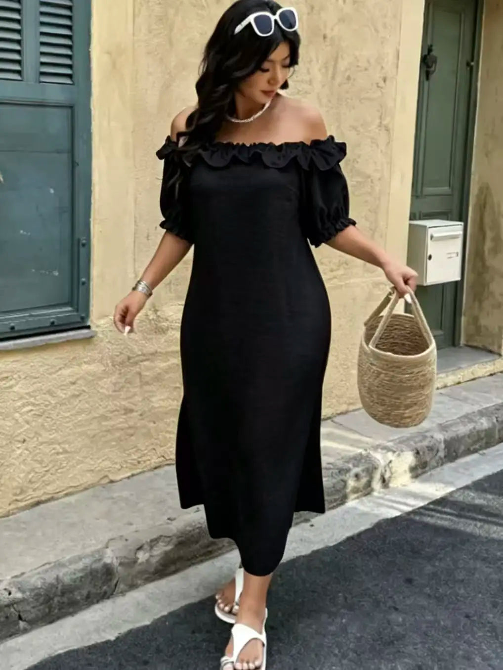 Plus Size Women's Slouchy Slimming Beach Vacation Dress, Off-Shoulder Puff Sleeve Loose Hem Slit Dress