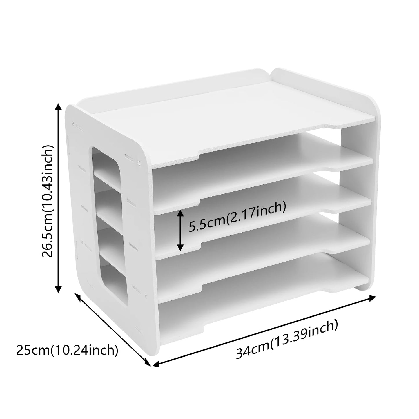Wood File Organizer, 5 Trays Paper Sorter for Office Supplies Desk Organizer, Length 34cm/13.39in, White