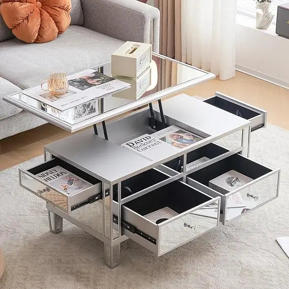 Modern Lift Top Coffee Table with Drawers for Living Room, Silver, 35" x 19" x 18"