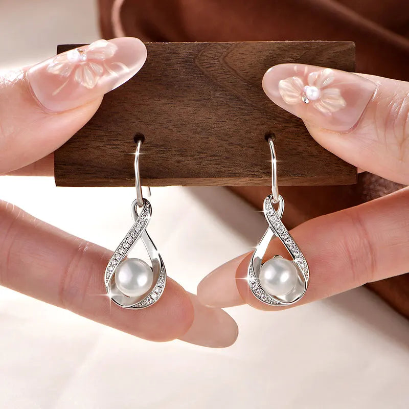 OXTAO Infinity D Moissanite Dangle Hook Earrings for Women 8mm Natural Freshwater Pearl Earrings Wedding Jewelry Gift 14K Gold Filled