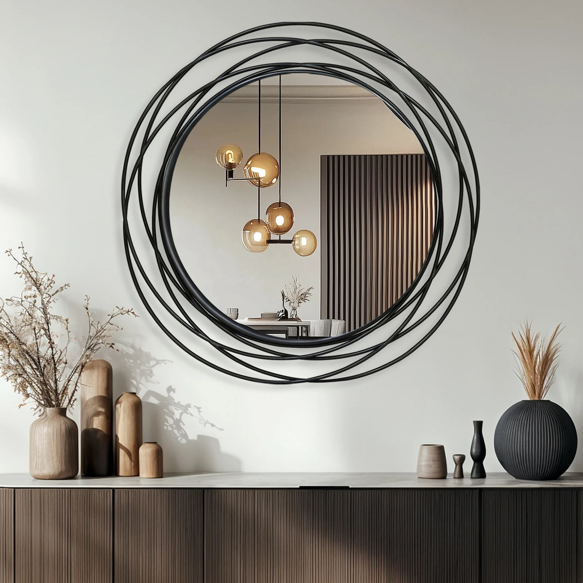 32 Inch Round Black Iron Wire Frame Decorative Wall Mirror for Living Room