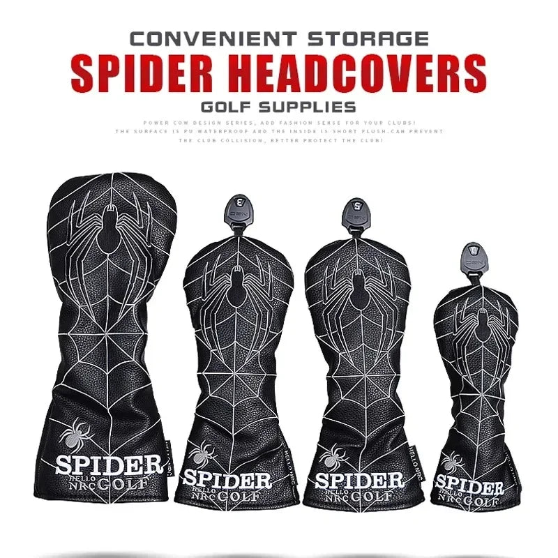 Spider Golf Head Covers PU Leather for Driver Fairway Wood Golf Clubs Durable Water-Resistant Protective Covers Stylish Design for Golf Course Use Golfer Games and Perfect Golf Gift Accessories