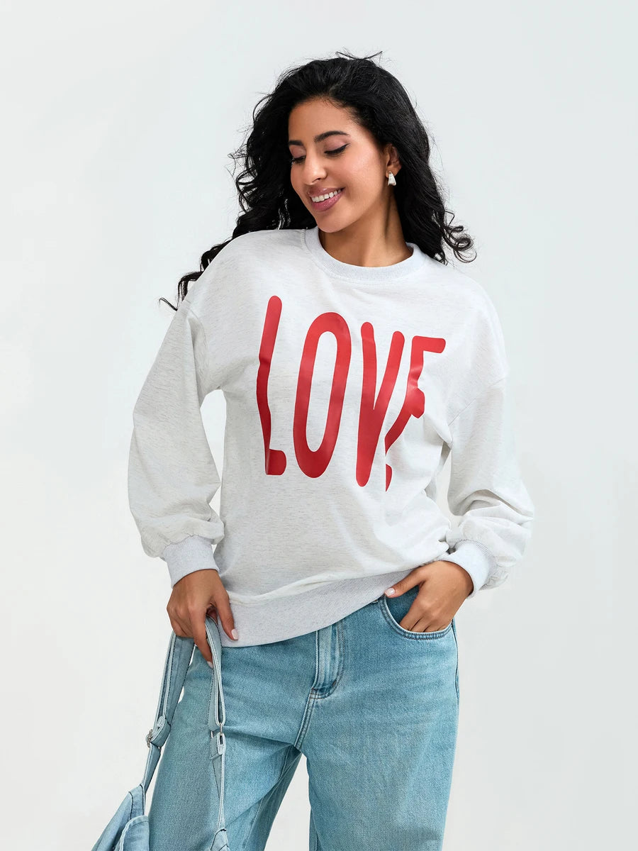 Valentine s Day Women s Casual Loose Fit Sweatshirt with Long Sleeves and Round Neckline Featuring Letter Print Design