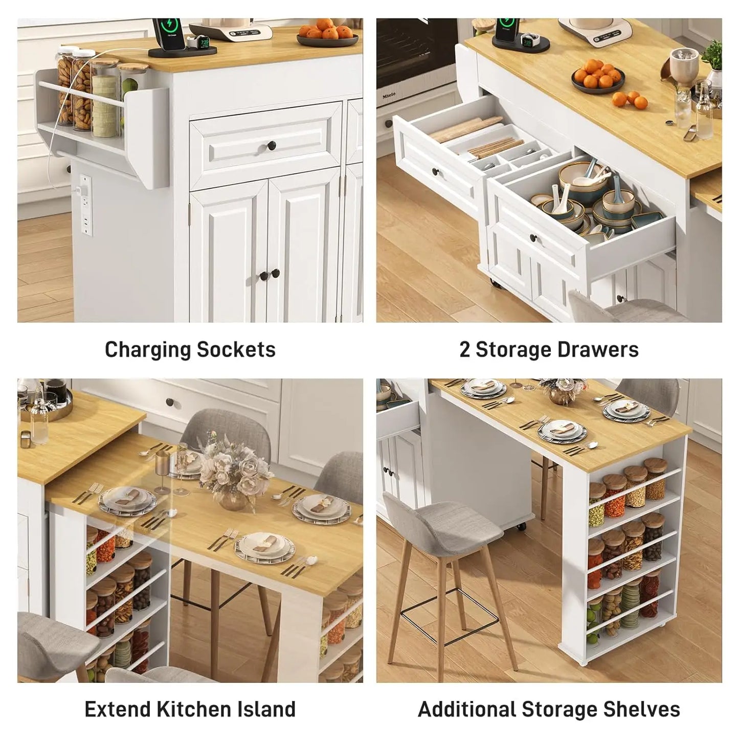 80"-48" Extendable Kitchen Island with Extended Dining Table and Power Outlet,Large Mobile Kitchen Storage Islands with, Custom