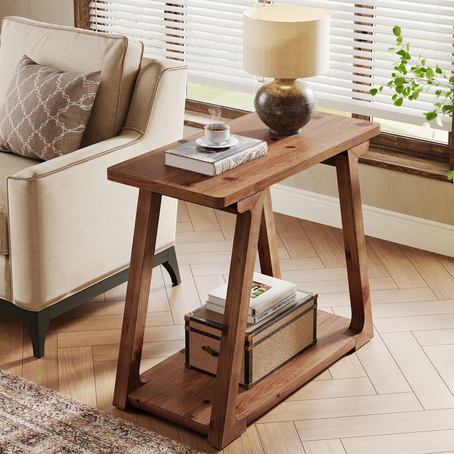 2-Tier Solid Wood End Table, Narrow Side Table, Rectangle Farmhouse Nightstand for Living Room, Bedroom, Easy Assembly