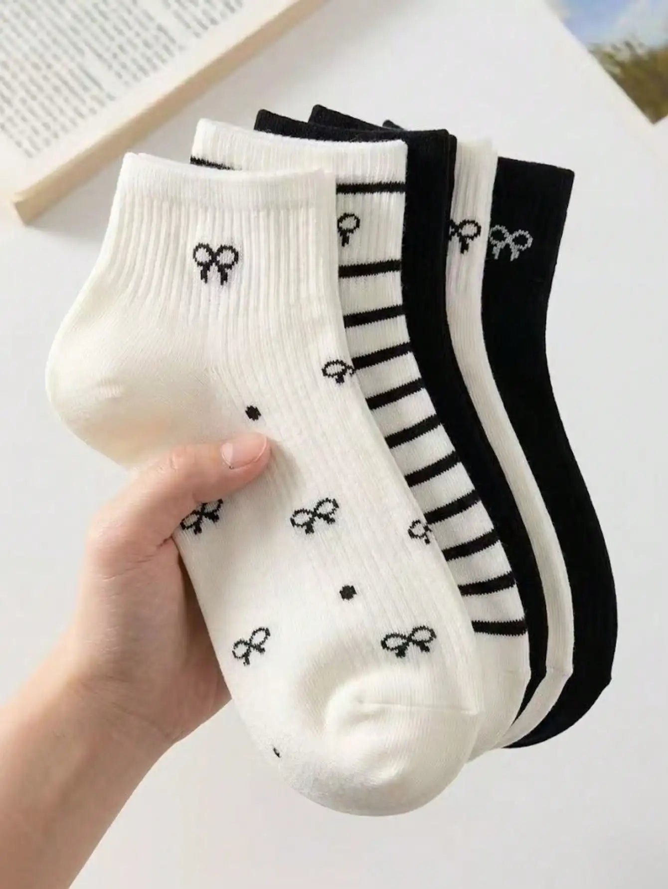 5 Pairs Women's Cute Bow & Floral Pattern Short Socks, Fashionable College Style, Comfortable & Breathable, Versatile For Daily, Sports, Casual Wear, Suitable For Spring, Summer, Autumn