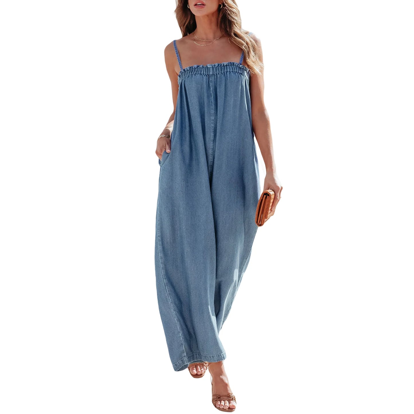 Women’s Denim Long Jumpsuit Casual Spaghetti Strap Solid Color Wide Leg Romper Pants